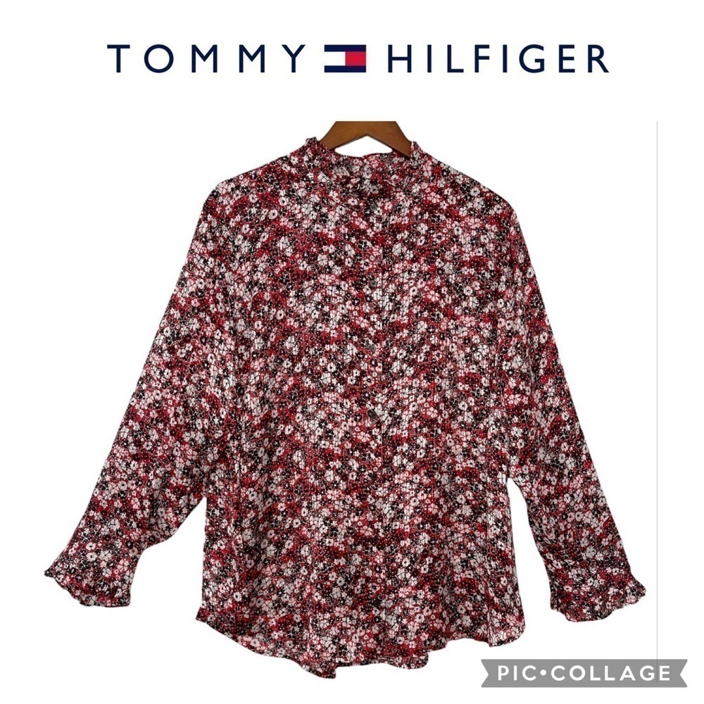 Tommy Hilfiger floral cuff sleeves ruffled collar button up shirt plus size